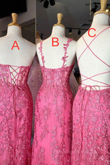 Party Dress And Style, Mermaid Hot Pink Lace Long Prom Dress, Long Hot Pink Formal Graduation Evening Dress