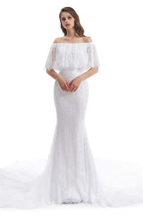 Wedding Dressed With Pockets, Mermaid Lace Off the Shoulder Wedding Dresses With Train