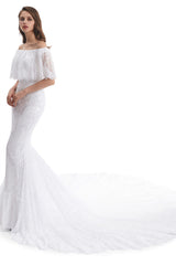Wedding Dress With Pockets, Mermaid Lace Off the Shoulder Wedding Dresses With Train