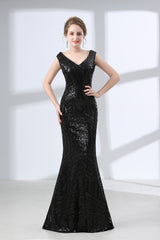 Party Dress Style Shop, Mermaid Long V Neck Black Sequined Sheer Back Prom Dresses