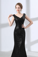 Party Dress In Store, Mermaid Long V Neck Black Sequined Sheer Back Prom Dresses