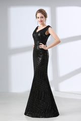 Party Dresses In Store, Mermaid Long V Neck Black Sequined Sheer Back Prom Dresses