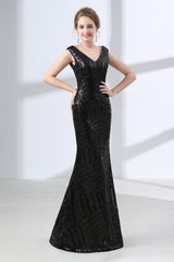 Party Dresses 2043, Mermaid Long V Neck Black Sequined Sheer Back Prom Dresses