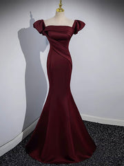 Formal Dresses Shops, Mermaid off Shoulder Satin Burgundy Long Prom Dress, Burgundy Formal Dress
