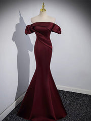 Formal Dresses On Sale, Mermaid off Shoulder Satin Burgundy Long Prom Dress, Burgundy Formal Dress