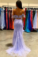 Mermaid Off the Shoulder Lilac Long Prom Dress with Feathers