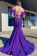 Mermaid Off the Shoulder Purple Sequins Cut Out Prom Dress with Feathers