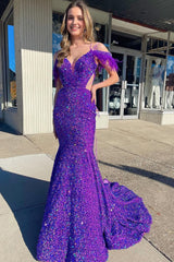 Mermaid Off the Shoulder Purple Sequins Cut Out Prom Dress with Feathers