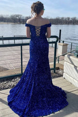 Mermaid Off the Shoulder Royal Blue Sequins Long Prom Dress with Sweep Train