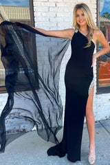 Mermaid One Shoulder Black Long Prom Dress with Split Front