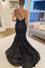 Mermaid One Shoulder Black Sequins Long Prom Dress with Split Front