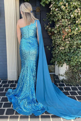 Mermaid One Shoulder Blue Sequins Long Prom Dress with Split Front