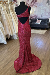 Mermaid One Shoulder Burgundy Sequins Long Prom Dress with Split Front