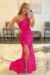 Mermaid One Shoulder Fuchsia Sequins Prom Dress with Slit