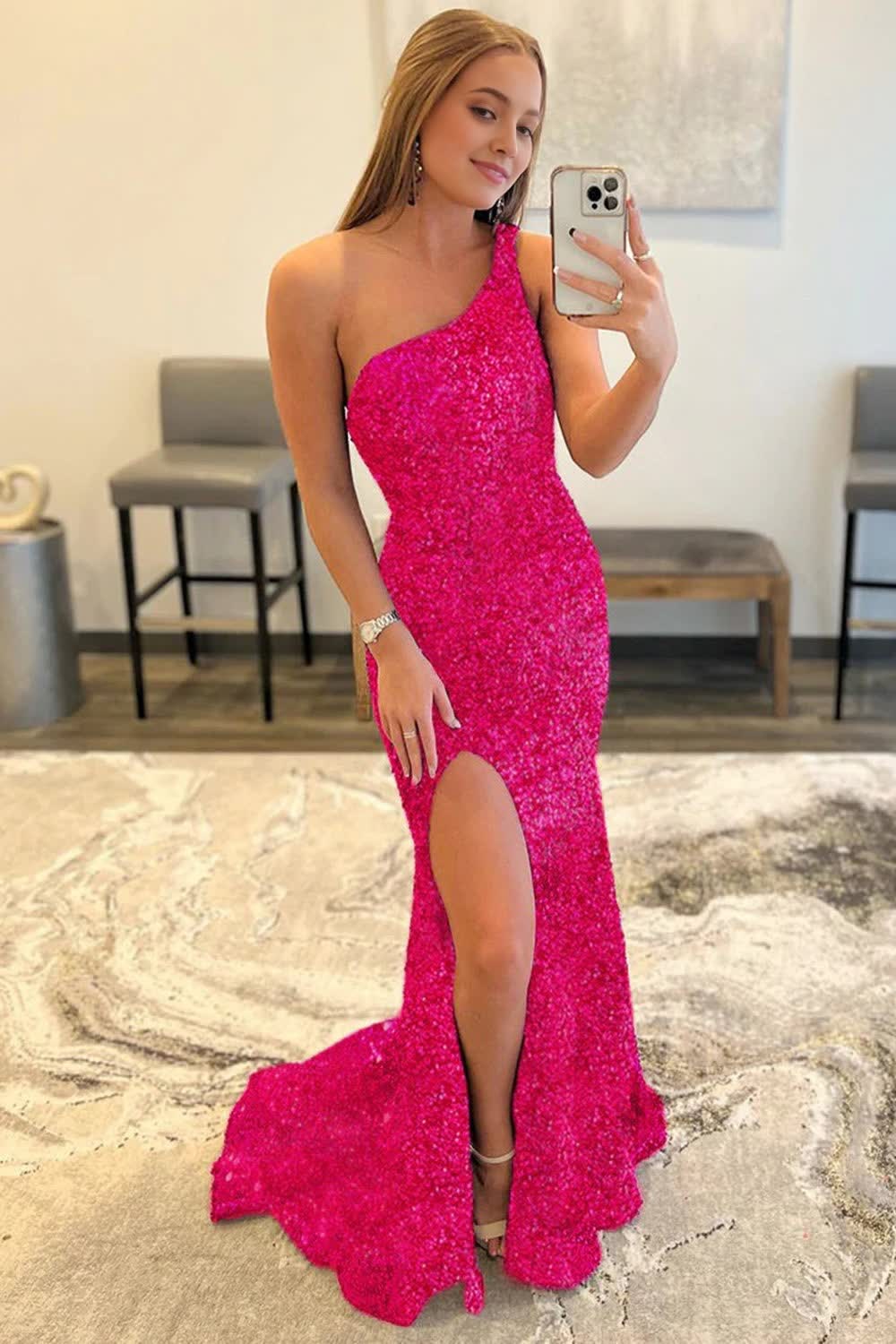 Mermaid One Shoulder Fuchsia Sequins Prom Dress with Slit