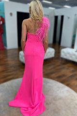 Mermaid One Shoulder Hot Pink Long Prom Dress with Feathers