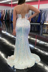 Mermaid One Shoulder Light Blue Sequins Long Prom Dress with Silt