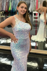 Mermaid One Shoulder Light Blue Sequins Long Prom Dress with Silt