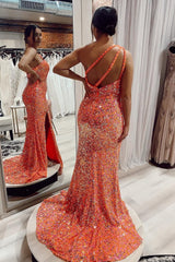 Mermaid One Shoulder Orange Sequins Long Prom Dress with Split Front