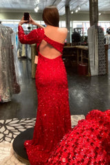 Mermaid One Shoulder Red Sequins Long Prom Dress with Silt
