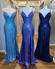 Bridesmaid Dresses Sales, Mermaid Purple Sequins Long Prom Dress with Slit,Navy Blue Evening Party Gowns