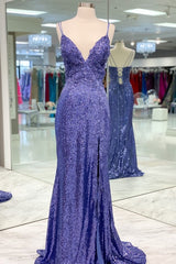 Bridesmaid Dresses Sale, Mermaid Purple Sequins Long Prom Dress with Slit,Navy Blue Evening Party Gowns