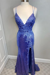 Bridesmaids Dresses Sale, Mermaid Purple Sequins Long Prom Dress with Slit,Navy Blue Evening Party Gowns