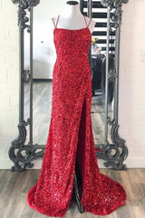 Mermaid Red Sequins Long Prom Dress with Slit