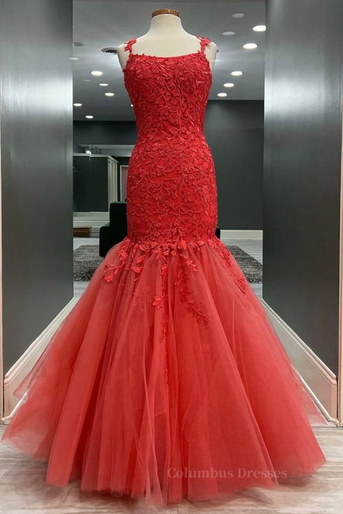 Evening Dress Gold, Mermaid Red Tulle Lace Long Prom Dresses, Mermaid Red Formal Dresses, Red Lace Evening Dresses