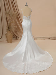 Wedding Dress Inspo, Mermaid Satin Spaghetti Straps Appliques Lace Chapel Train Corset Wedding Dress