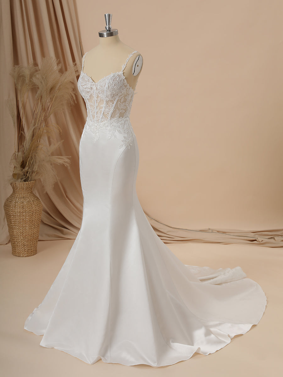 Wedding Dress Sales, Mermaid Satin Spaghetti Straps Appliques Lace Chapel Train Corset Wedding Dress