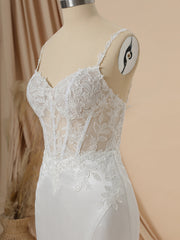 Wedding Dresses Sales, Mermaid Satin Spaghetti Straps Appliques Lace Chapel Train Corset Wedding Dress