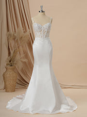 Wedding Dresses Deals, Mermaid Satin Spaghetti Straps Appliques Lace Chapel Train Corset Wedding Dress