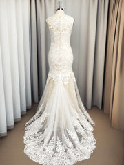 Wedding Dress Shapes, Mermaid Scoop Applique Sweep Train Tulle Wedding Dress