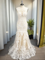 Wedding Dress Shape, Mermaid Scoop Applique Sweep Train Tulle Wedding Dress
