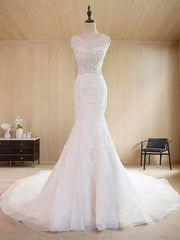 Wedding Dress Sleevs, Mermaid Scoop Appliques Lace Sweep Train Tulle Wedding Dress