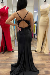 Mermaid Spaghetti Straps Black Long Prom Dress with Split Front
