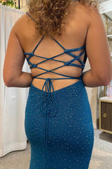 Mermaid Spaghetti Straps Blue Long Prom Dress with Beading
