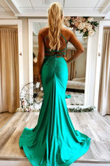 Mermaid Spaghetti Straps Green Long Prom Dress with Criss Cross Back