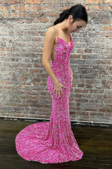 Mermaid Spaghetti Straps Hot Pink Backless Long Prom Dress