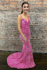 Mermaid Spaghetti Straps Hot Pink Backless Long Prom Dress