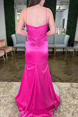 Mermaid Spaghetti Straps Hot Pink Corset Long Prom Dress with Tassel
