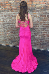 Mermaid Spaghetti Straps Hot Pink Long Prom Dress with Silt