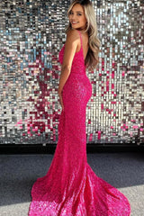 Mermaid Spaghetti Straps Hot Pink Long Prom Dress with Split Front