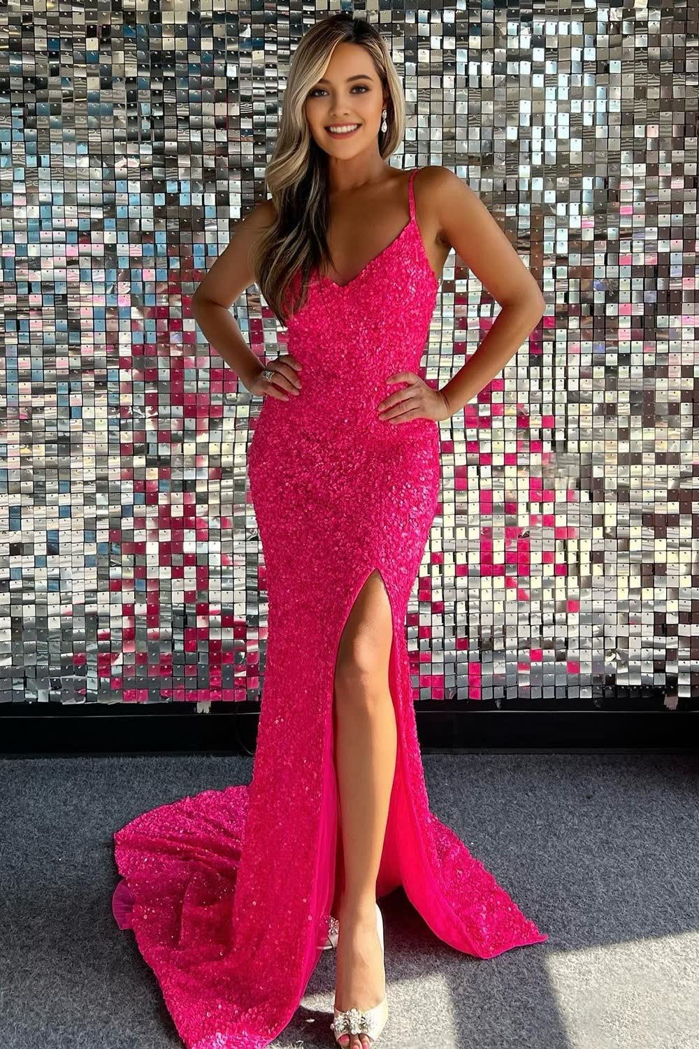 Mermaid Spaghetti Straps Hot Pink Long Prom Dress with Split Front