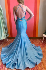 Mermaid Spaghetti Straps Light Blue Long Prom Dress with Beading