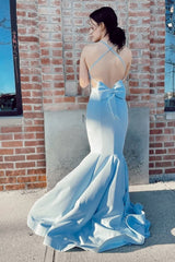 Mermaid Spaghetti Straps Light Blue Long Prom Dress with Open Back