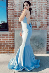 Mermaid Spaghetti Straps Light Blue Long Prom Dress with Open Back
