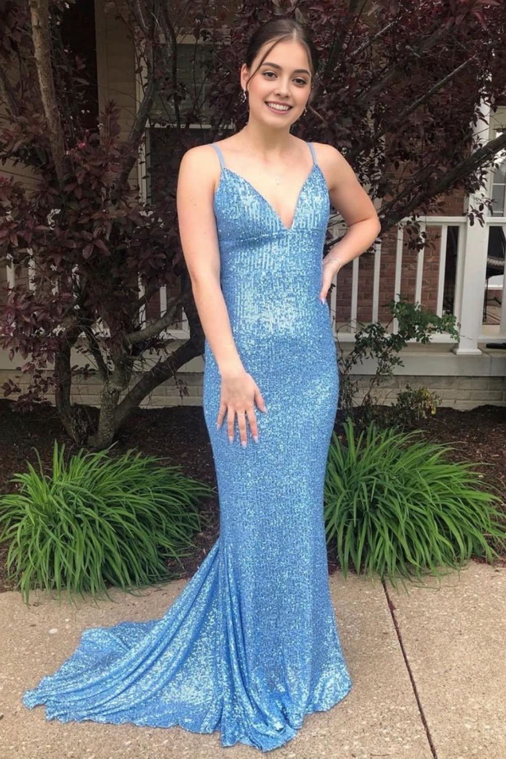 Mermaid Spaghetti Straps Light Blue Sequins Backless Long Prom Dress