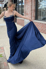 Mermaid Spaghetti Straps Navy Long Prom Dress with Sweep Train